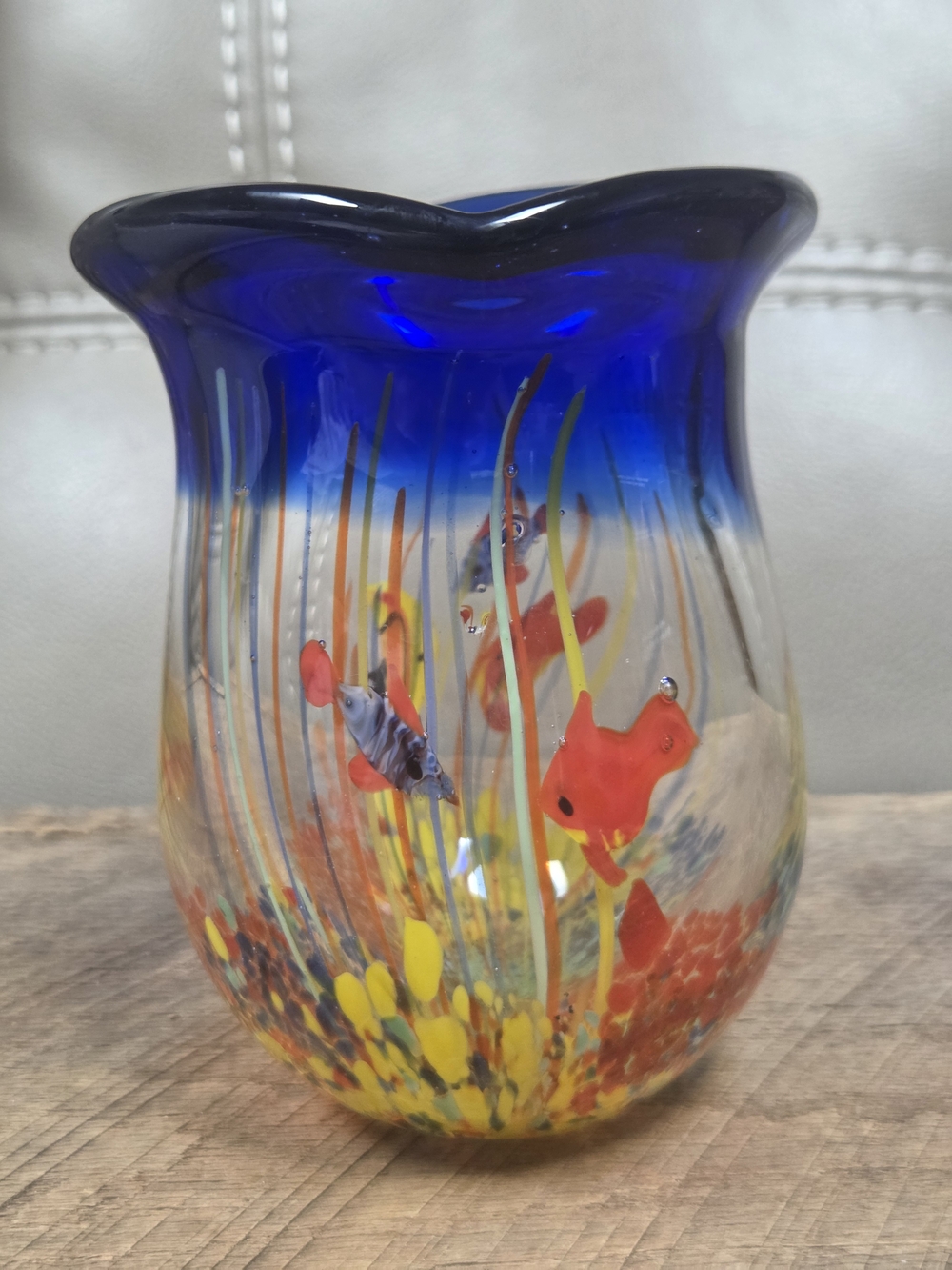 Vintage Murano Style Art Glass Blown Tropical Fish Aquarium Vase ~ B1N